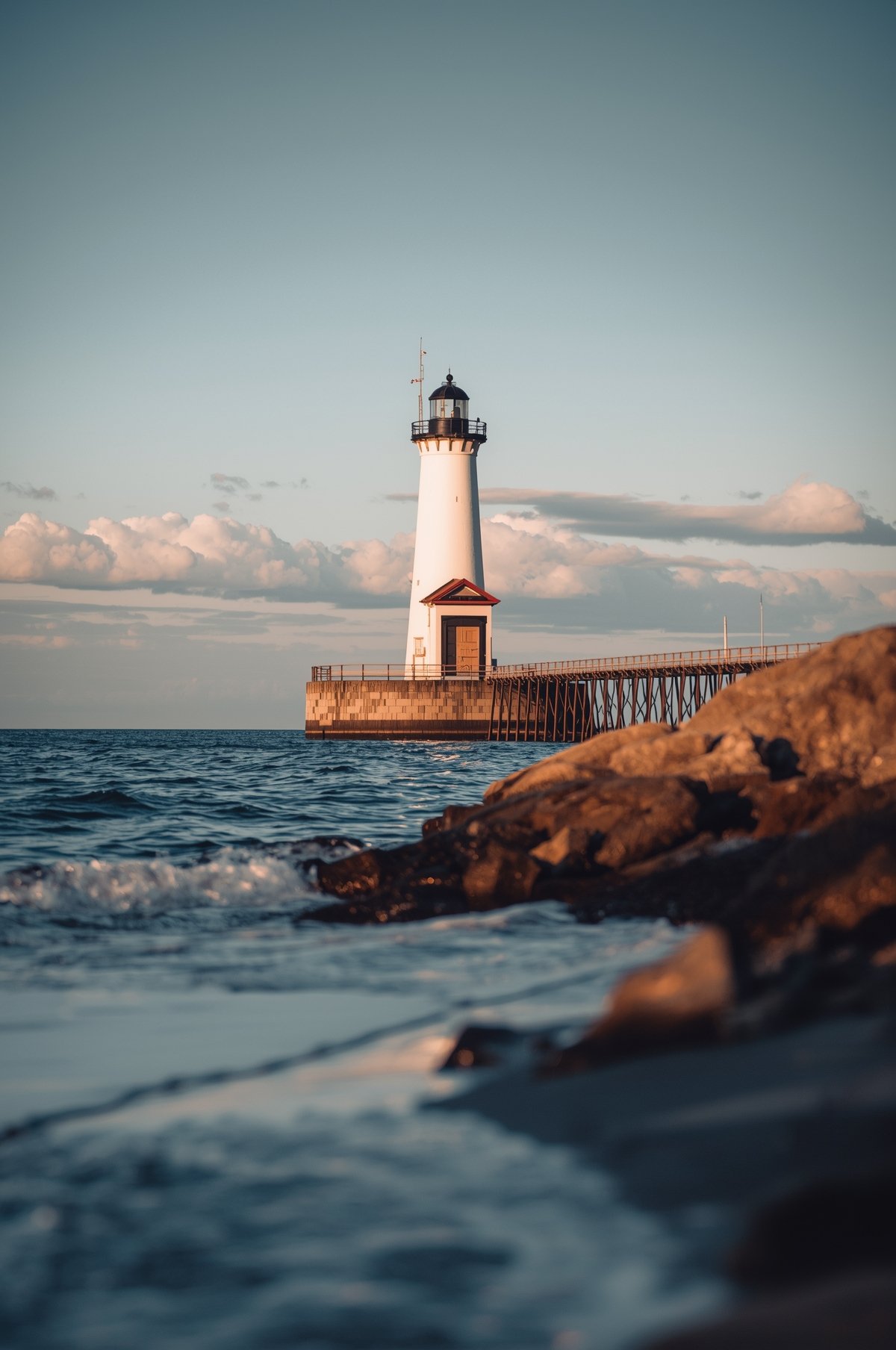 White lighthouse on a stone pier extending into calm blue waters under a partly cloudy sky at golden hour