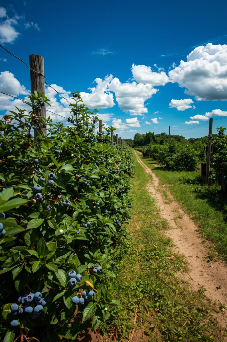 Rows of ripe blueberry bushes along a dirt farm path under a bright blue sky with white clouds