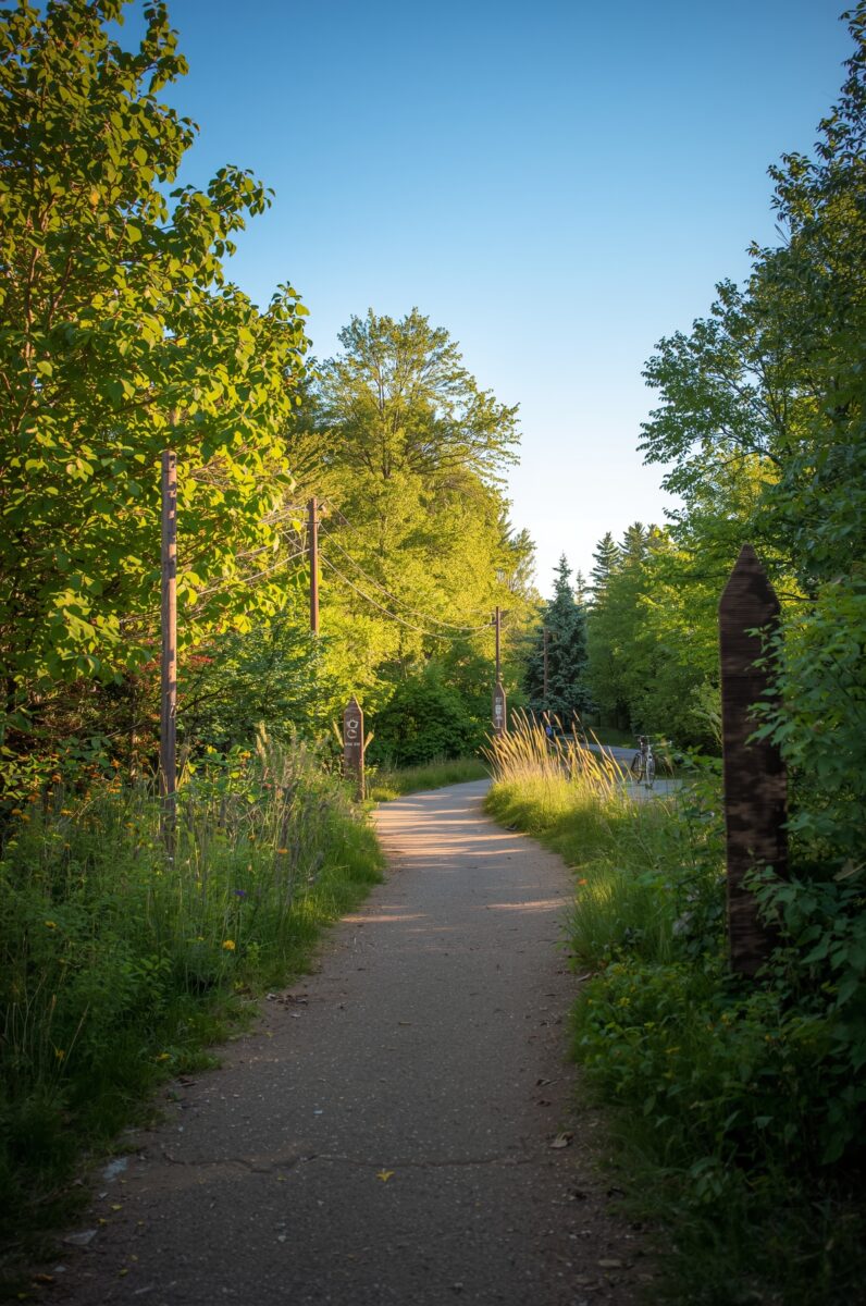Sunlit paved nature trail flanked by lush green trees, wildflowers, and wooden trail markers under a clear blue sky