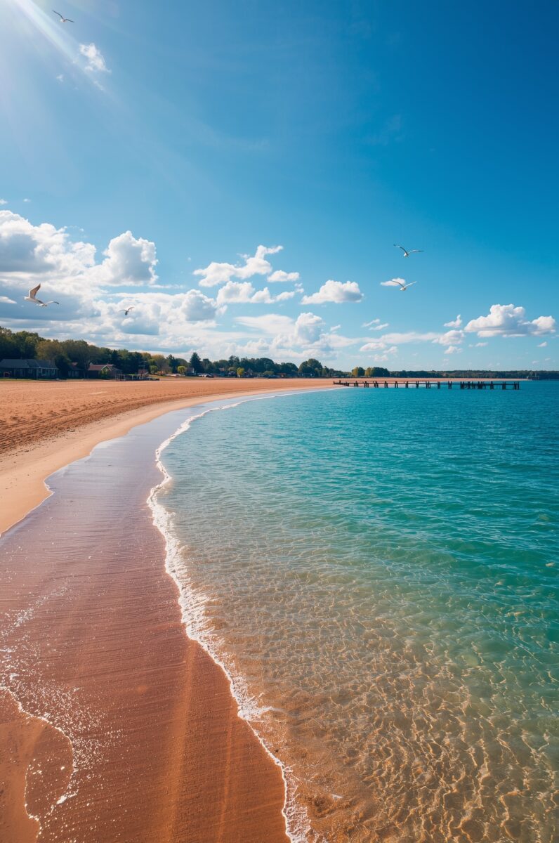 Curved sandy beach with turquoise water, seagulls flying overhead, a pier in the distance, and blue sky with clouds