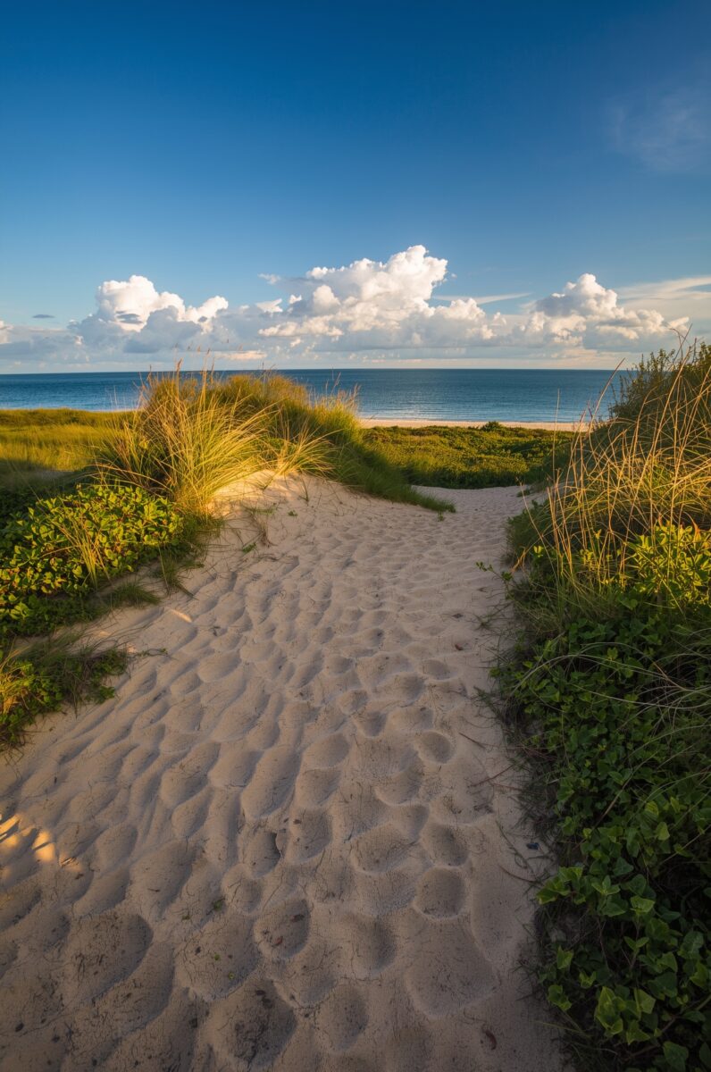 Sandy footpath through coastal dunes with sea grass leading to a calm blue ocean under a partly cloudy sky