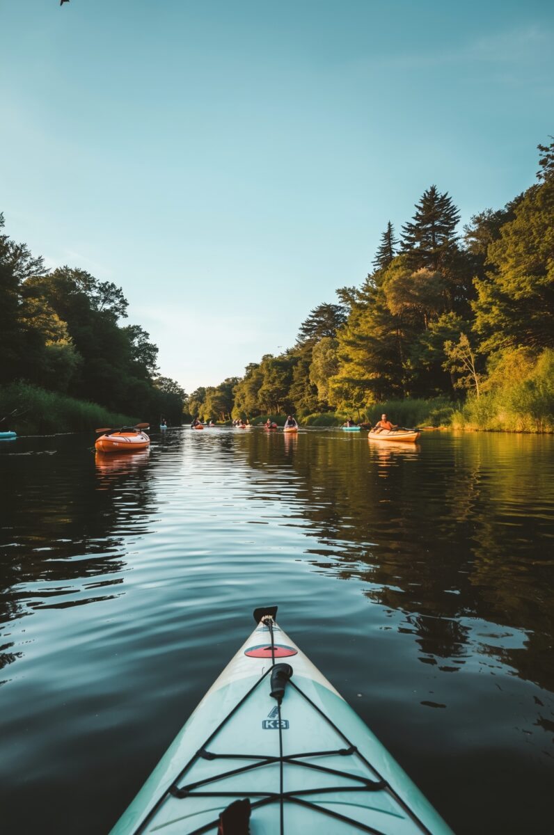 First-person view from a light blue kayak on a calm river with multiple kayakers and orange boats ahead
