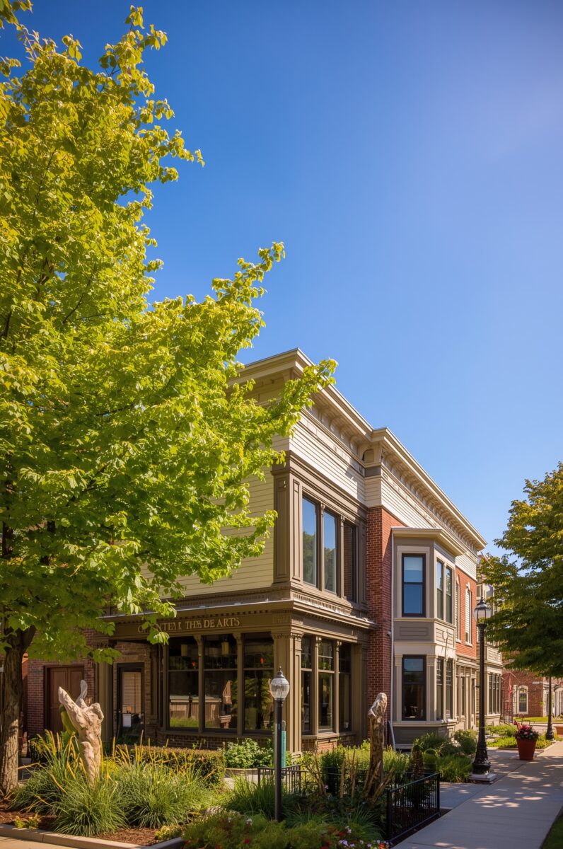 Historic Victorian-style Center for the Arts building with brick facade, large windows, and lush green trees on a sunny day