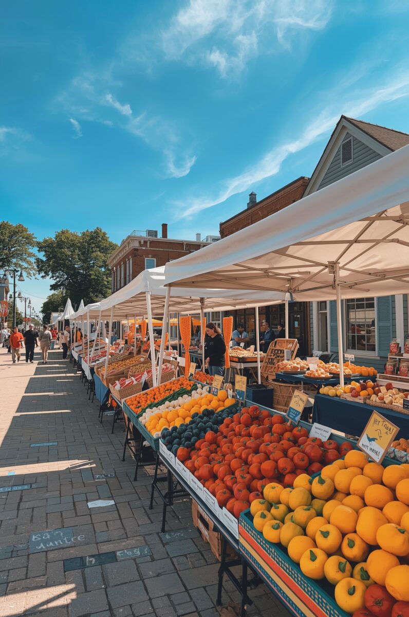 Colorful outdoor farmers market with fresh produce stalls under white canopy tents on a sunny brick-paved street