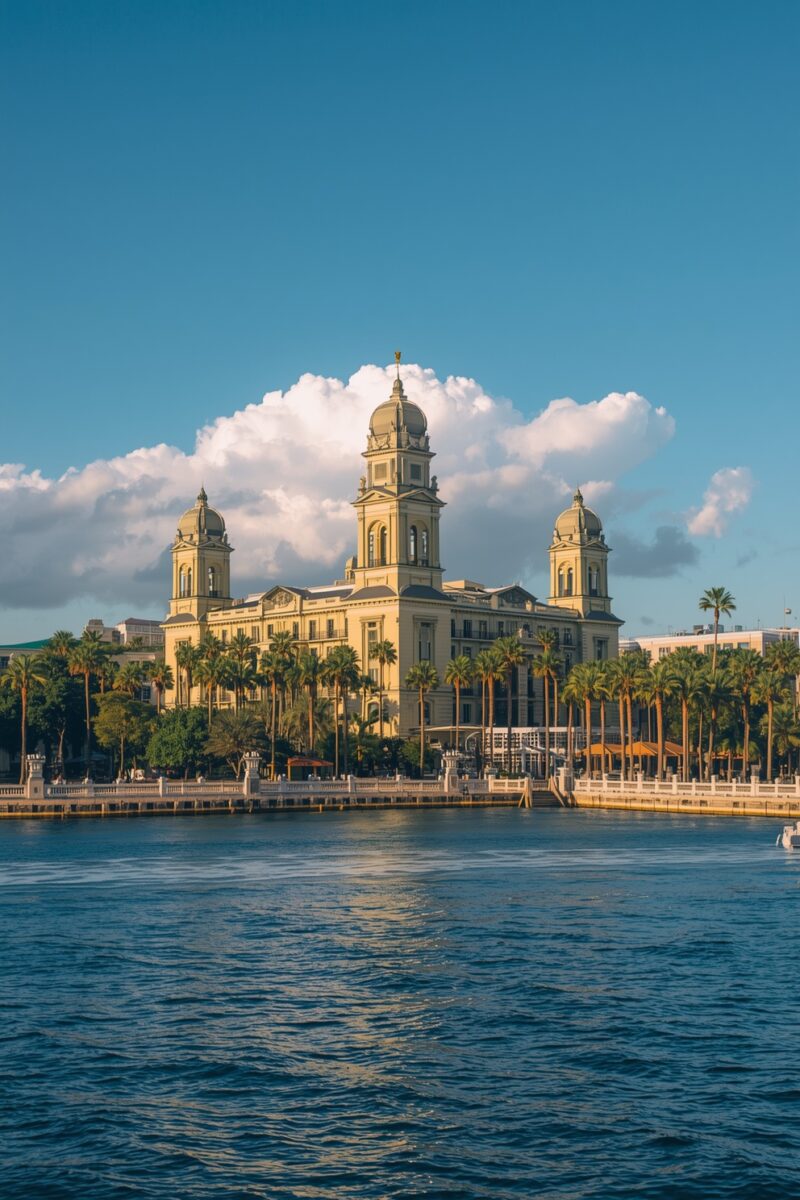 Grand neoclassical building with three domed towers viewed across blue water, flanked by tall palm trees under blue sky