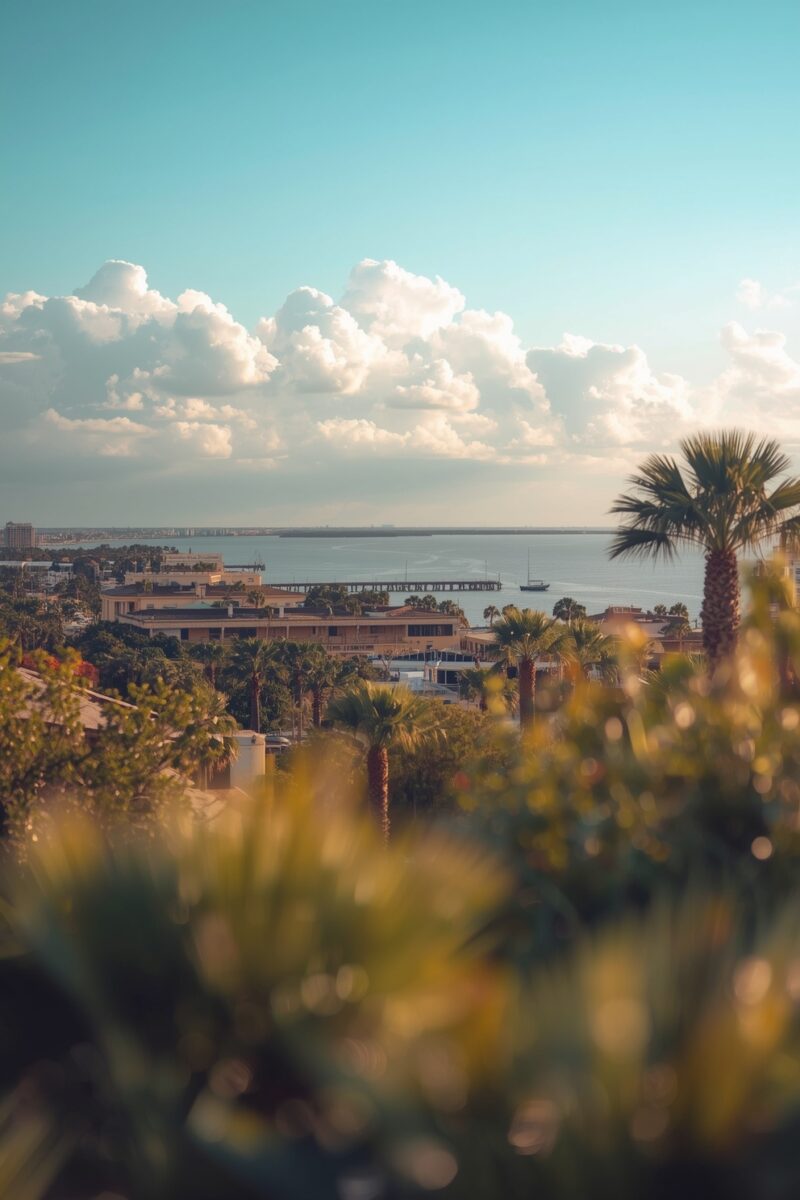 Aerial view of a coastal city with palm trees, waterfront buildings, a pier, and calm bay under blue skies