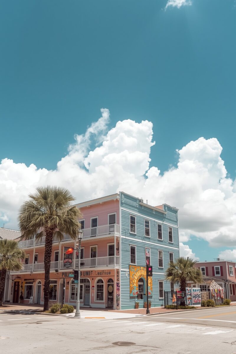 Colorful two-story buildings on a sunny street corner with palm trees and bright blue sky
