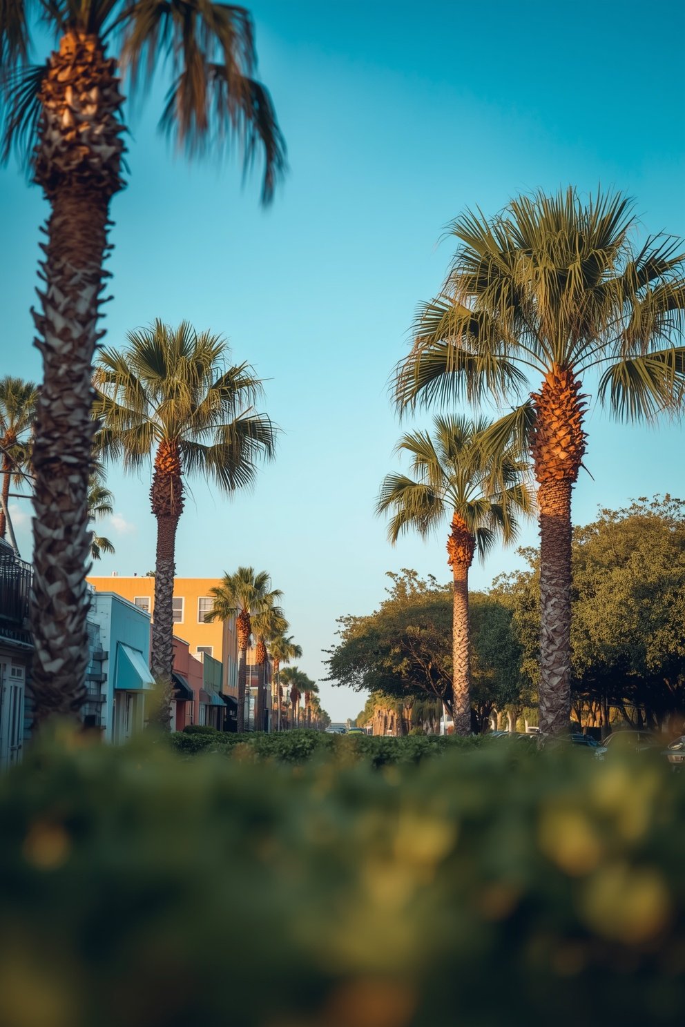 Tall palm trees lining a colorful tropical street with blue sky and lush green shrubs in foreground