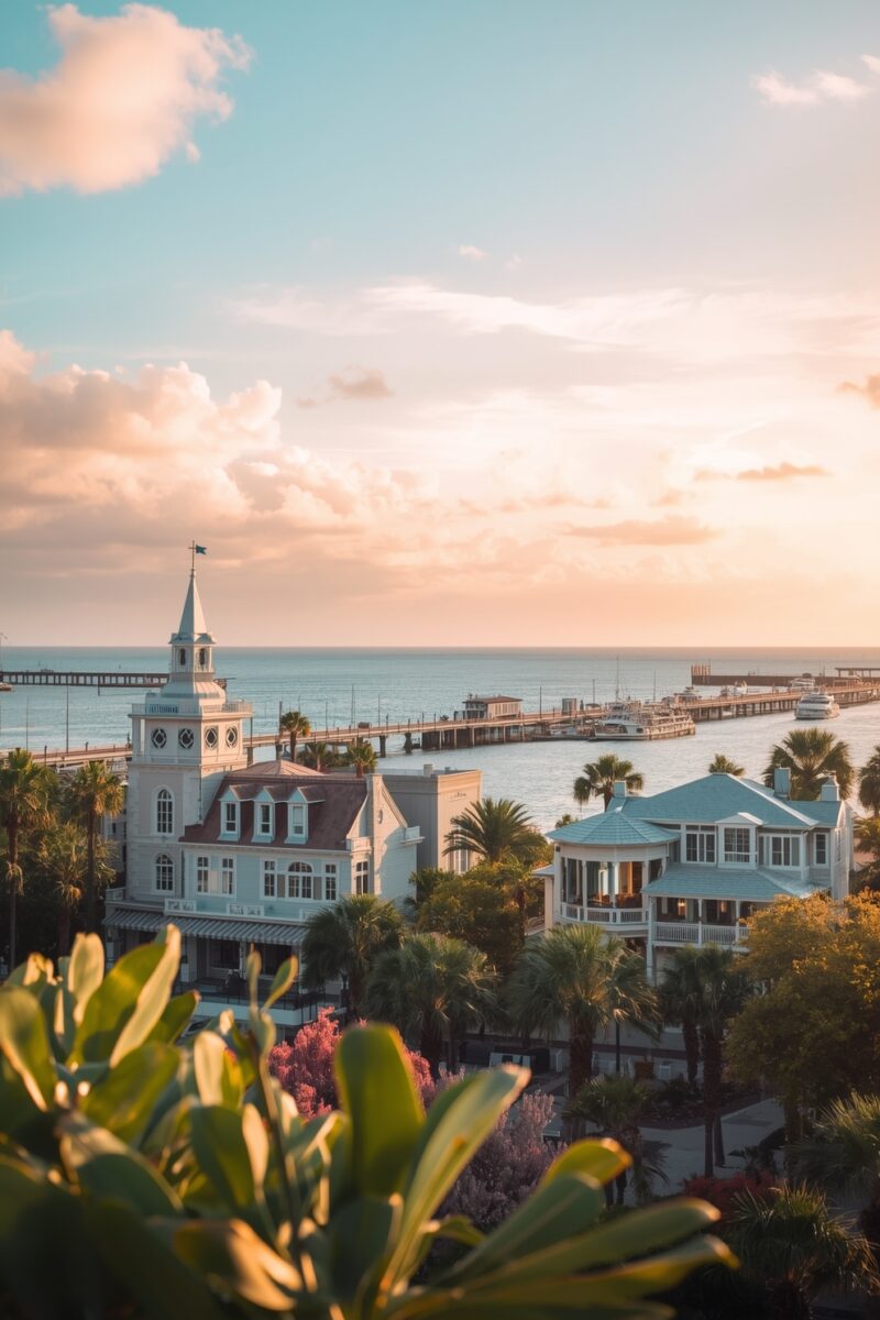 Aerial view of a coastal town at sunset with Victorian clock tower, palm trees, pier, and boats on calm ocean waters
