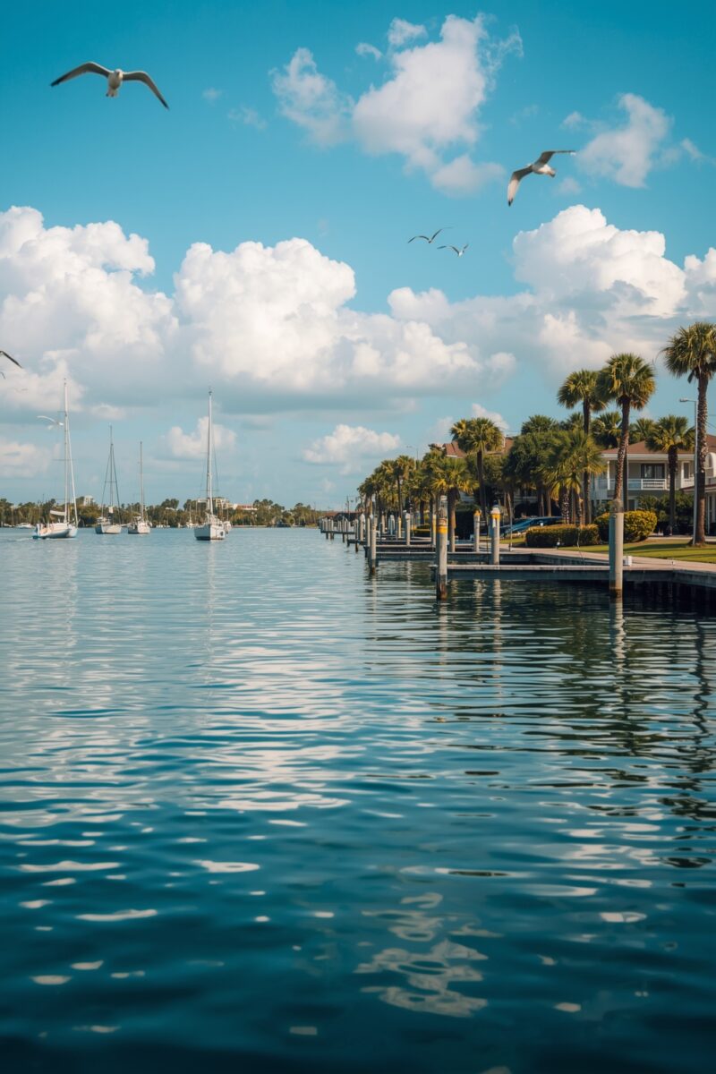 Calm waterway with sailboats, palm tree-lined dock, seagulls flying under blue sky with white clouds