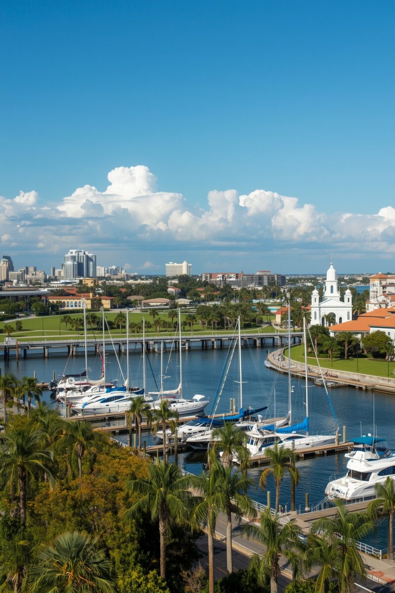 Aerial view of a Florida marina with white sailboats and yachts docked, palm trees, a bridge, white church, and city skyline