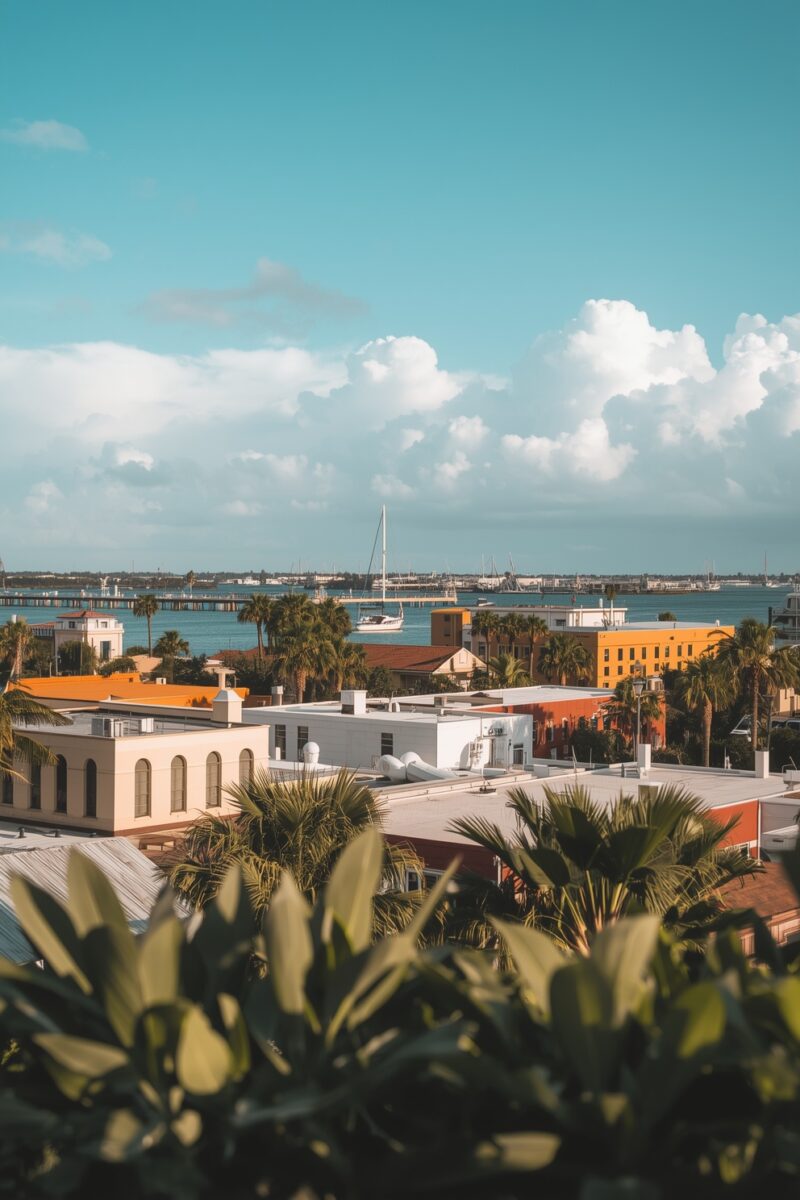 Aerial view of a coastal city with colorful buildings, palm trees, sailboats on blue water, and a pier under a sunny sky