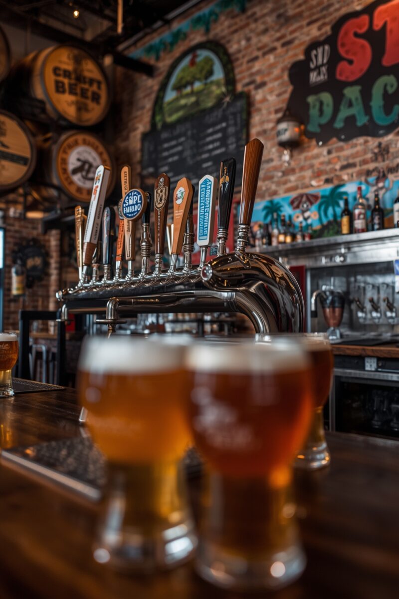 Craft beer tap handles at a rustic brewery bar with two glasses of draft beer in the foreground