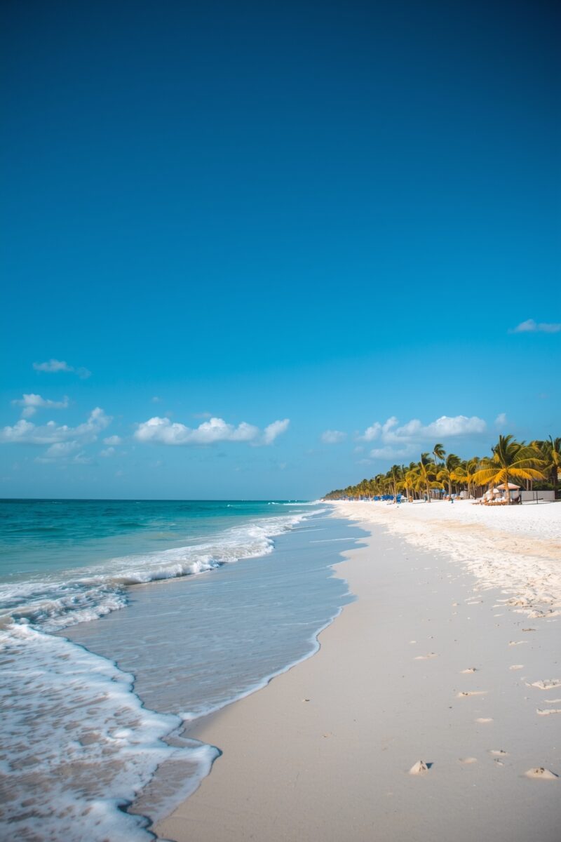 Pristine white sand beach with turquoise ocean waves, palm trees, and clear blue sky