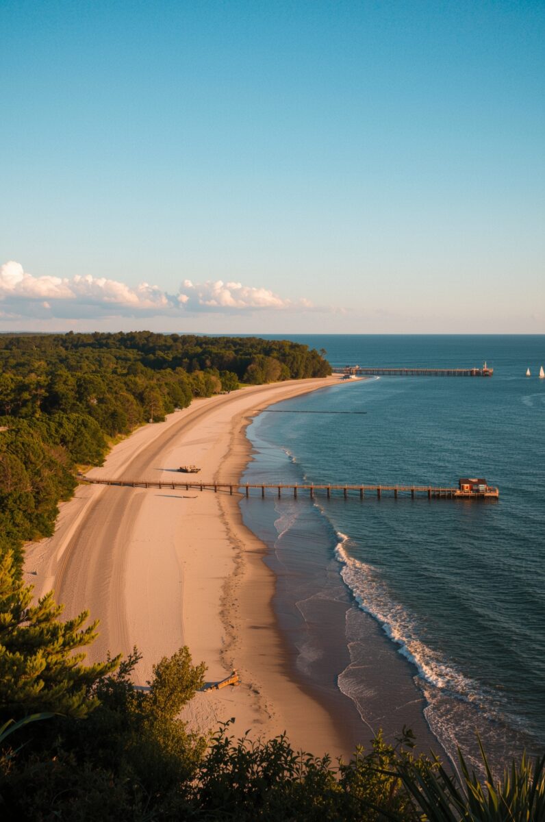 Aerial view of a curved sandy beach with two wooden piers, calm blue ocean, and dense forest lining the shore at golden hour