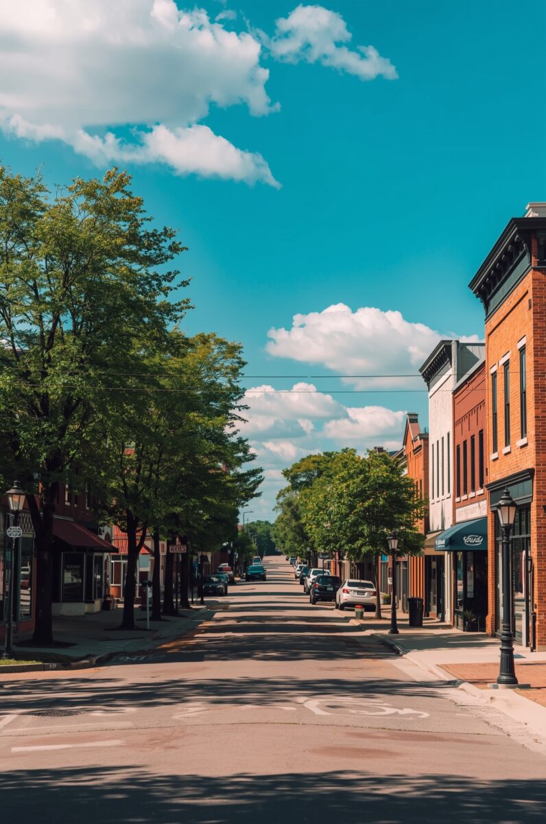 Sunny small-town main street with red brick buildings, green trees, parked cars, and blue sky with white clouds