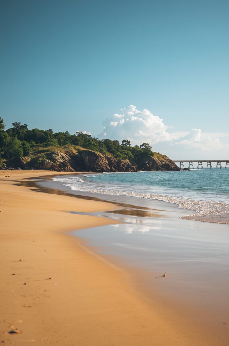 Serene golden sandy beach with calm turquoise waves, rocky tree-covered headland, and a distant pier under blue sky