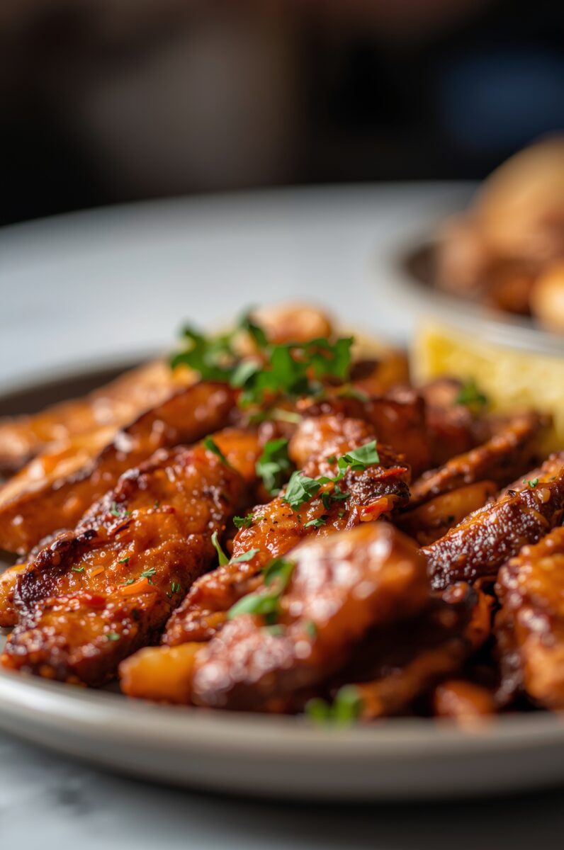 Glazed chicken pieces coated in sticky caramelized sauce, garnished with fresh chopped parsley and lemon wedge on white plate