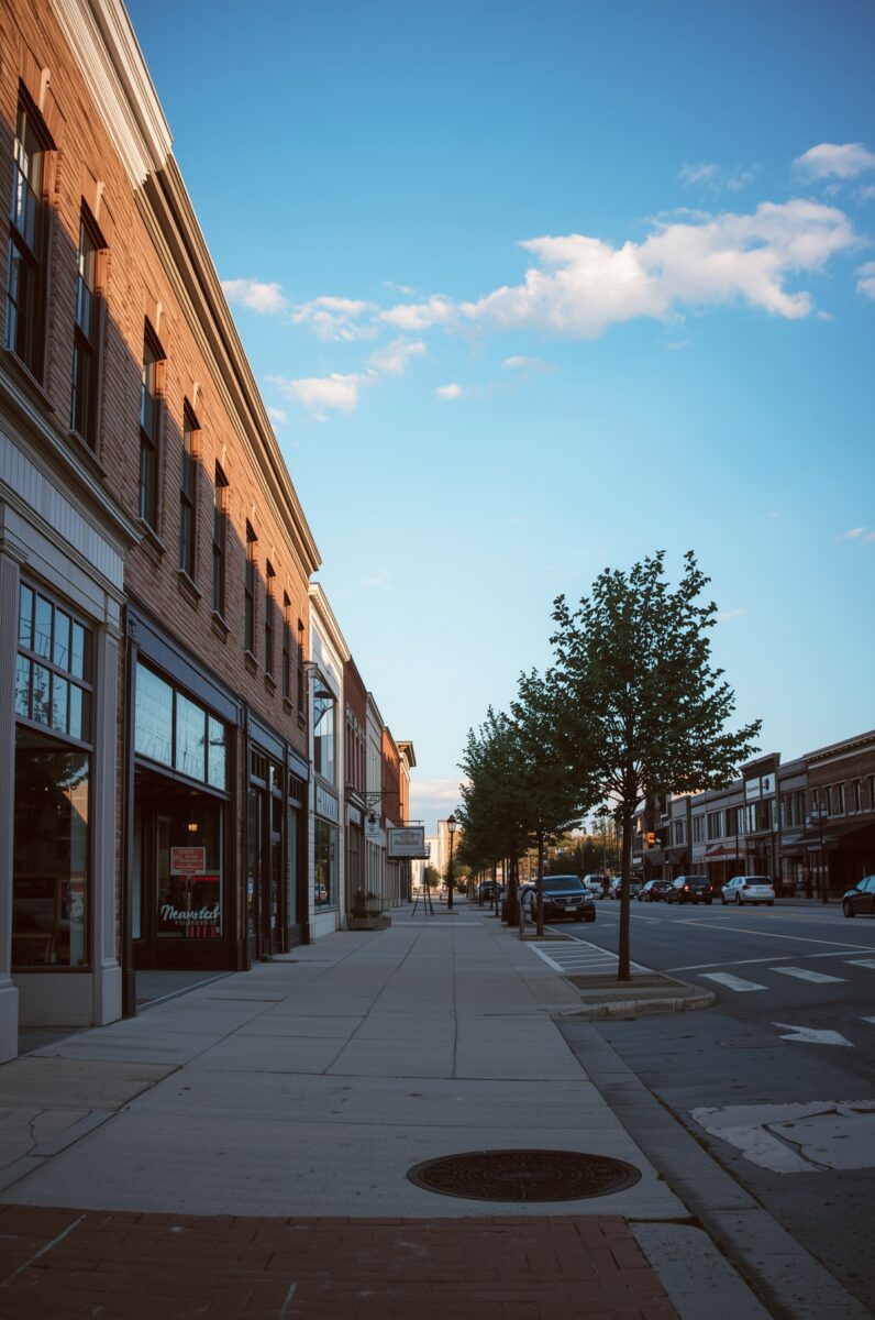 Quiet small-town main street with historic brick buildings, tree-lined sidewalk, and clear blue sky
