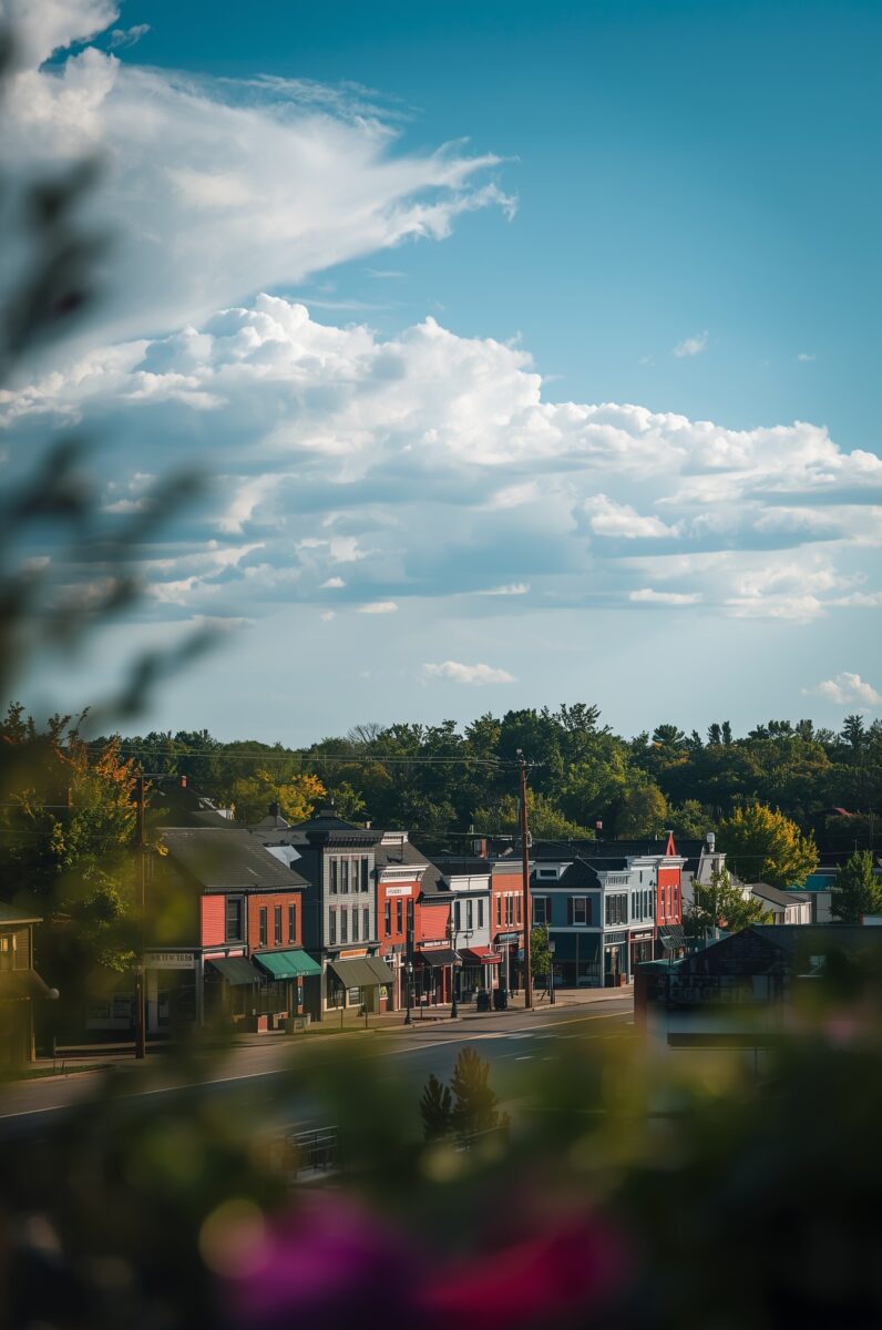 Colorful historic small-town main street with brick storefronts, green awnings, and blue sky with white clouds