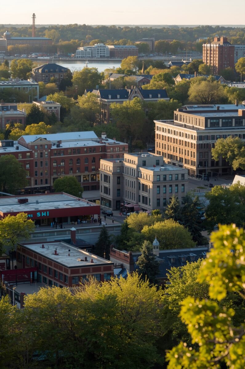 Aerial view of a mid-sized American downtown with historic brick buildings, tree-lined streets, and a river in the background