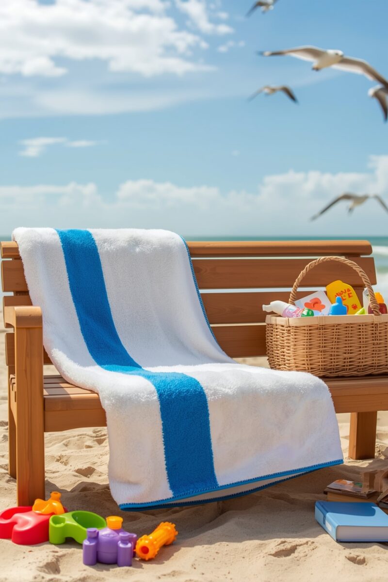 White and blue striped beach towel draped over wooden bench with wicker basket, toys, and seagulls at sunny beach