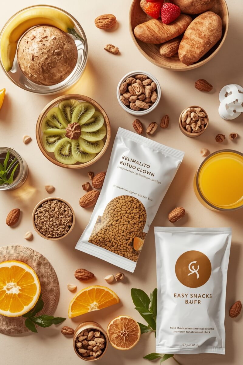 Flat lay of healthy snacks including fruits, nuts, granola, croissants, orange juice, and snack packaging on beige background