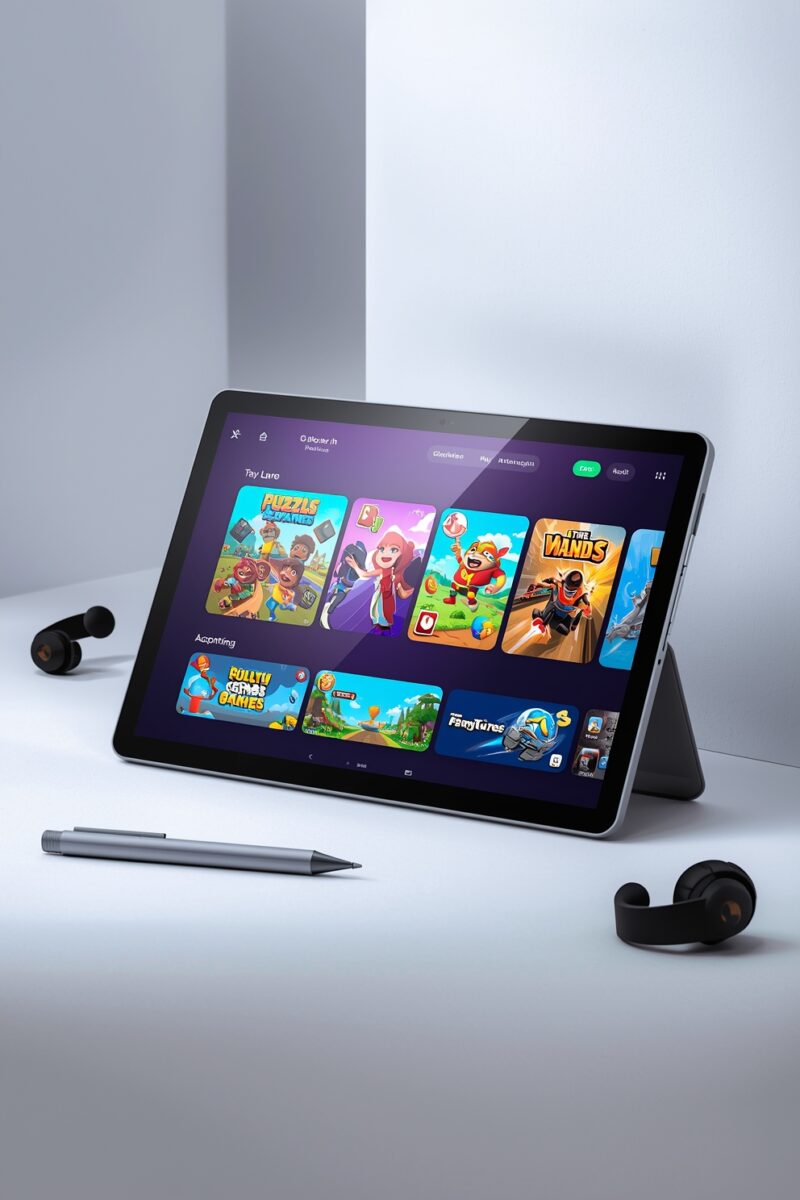 Android tablet on kickstand displaying colorful kids gaming app store with stylus and wireless headphones nearby