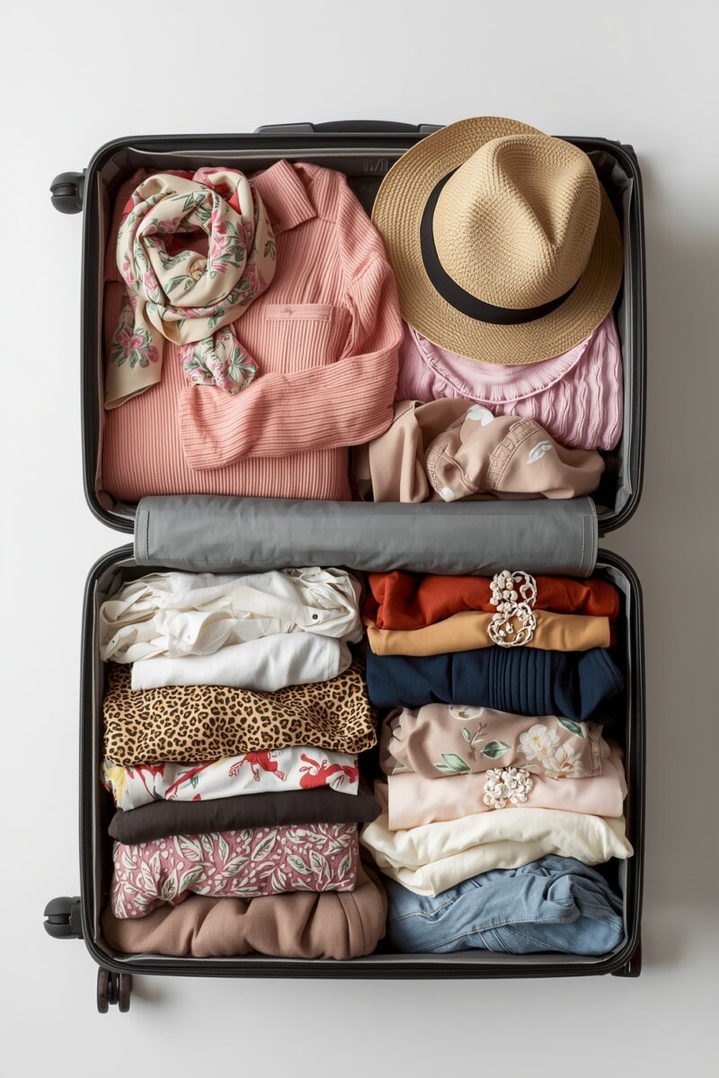 Open suitcase neatly packed with folded clothes, floral scarf, straw hat, and colorful garments organized in rows