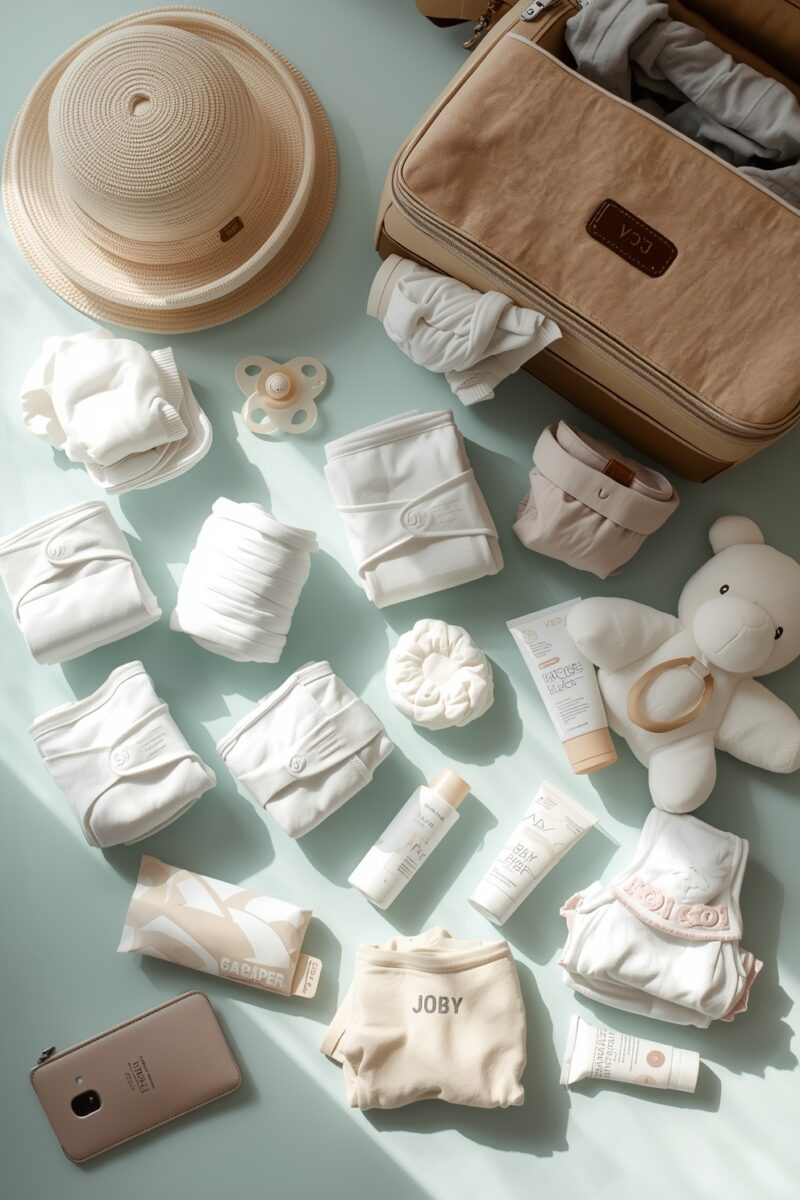 Flat lay of baby travel essentials including diapers, onesies, pacifier, stuffed bear, sun hat, skincare products, and diaper bag