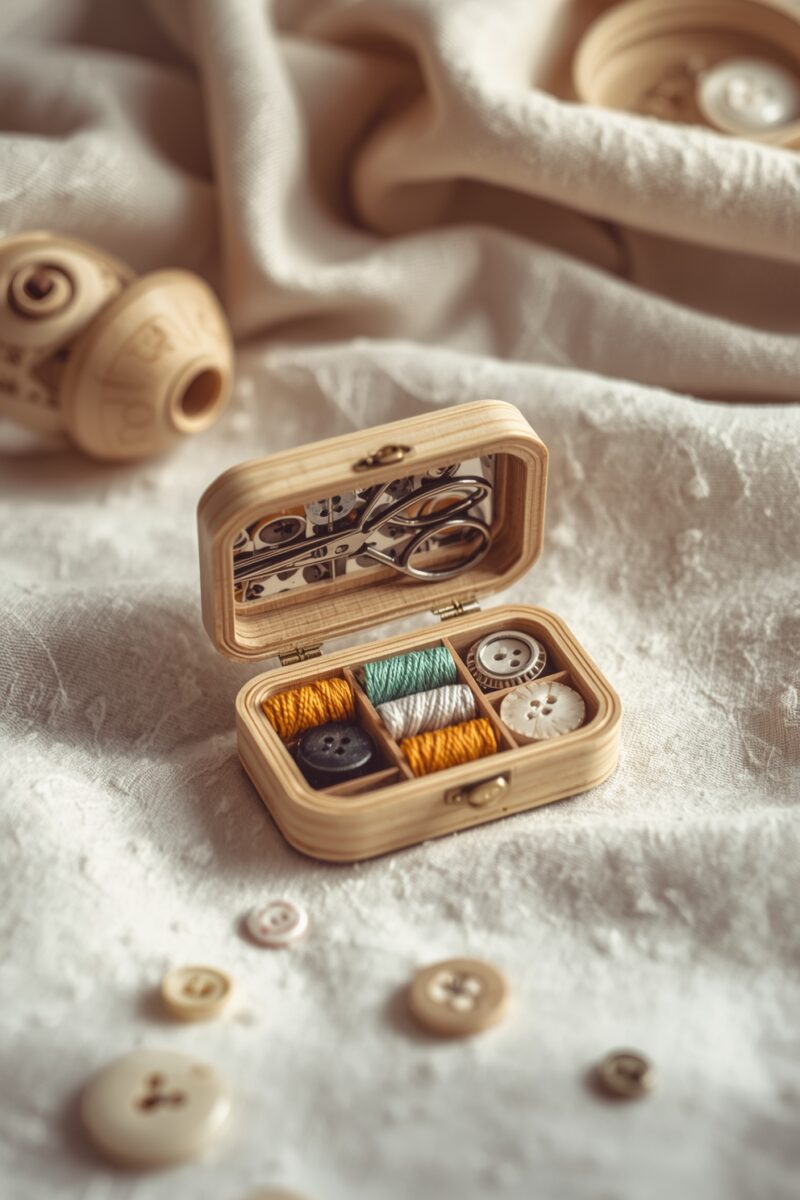 Open wooden sewing kit box with thread spools, buttons, and scissors on white linen fabric