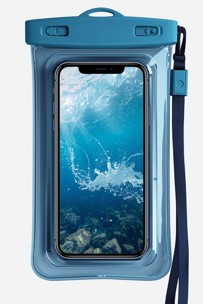 Blue waterproof phone pouch with smartphone showing underwater ocean scene and navy blue lanyard strap
