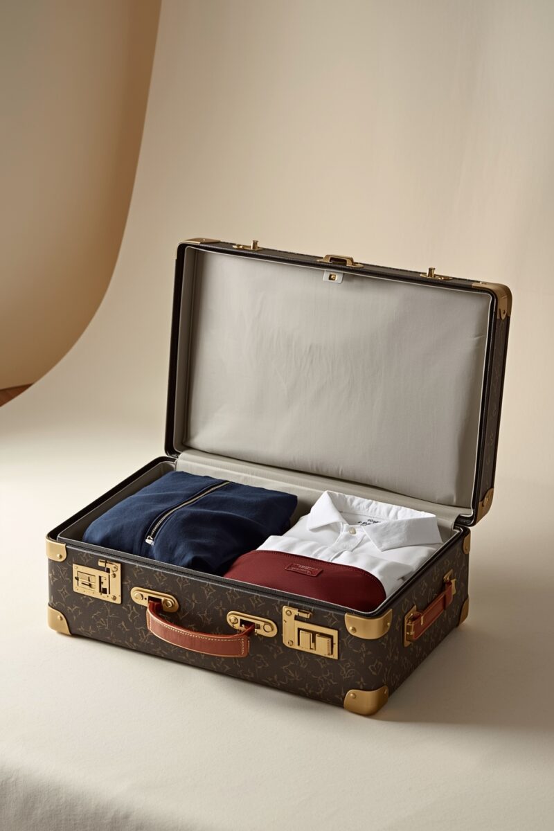 Open Louis Vuitton monogram hard-sided suitcase with gold hardware containing folded navy top, white shirt, and red pouch