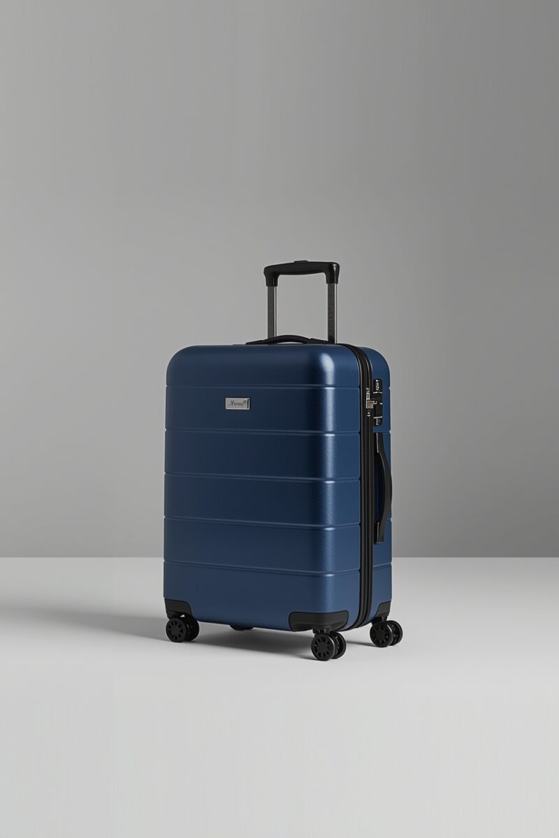 Navy blue hard-shell spinner suitcase with extended telescopic handle and four double wheels