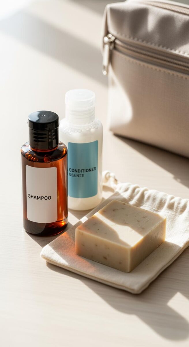 Travel toiletry set with amber shampoo bottle, white conditioner, natural soap bar, and beige zip pouch on white surface