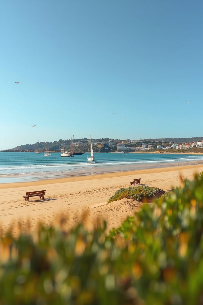 Sandy beach with wooden benches, sailboats on calm turquoise water, coastal town on hillside, clear blue sky