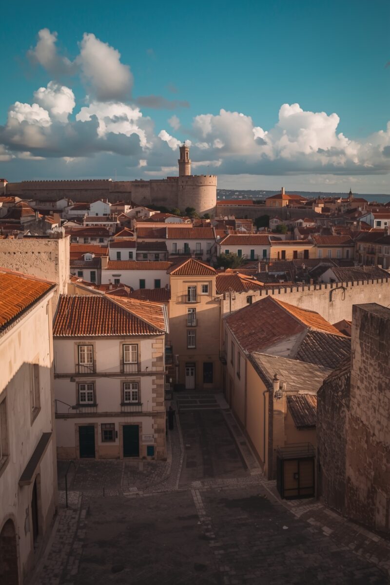 Aerial view of historic Portuguese town with terracotta rooftops, medieval castle walls, and a tower rising above whitewashed buildings