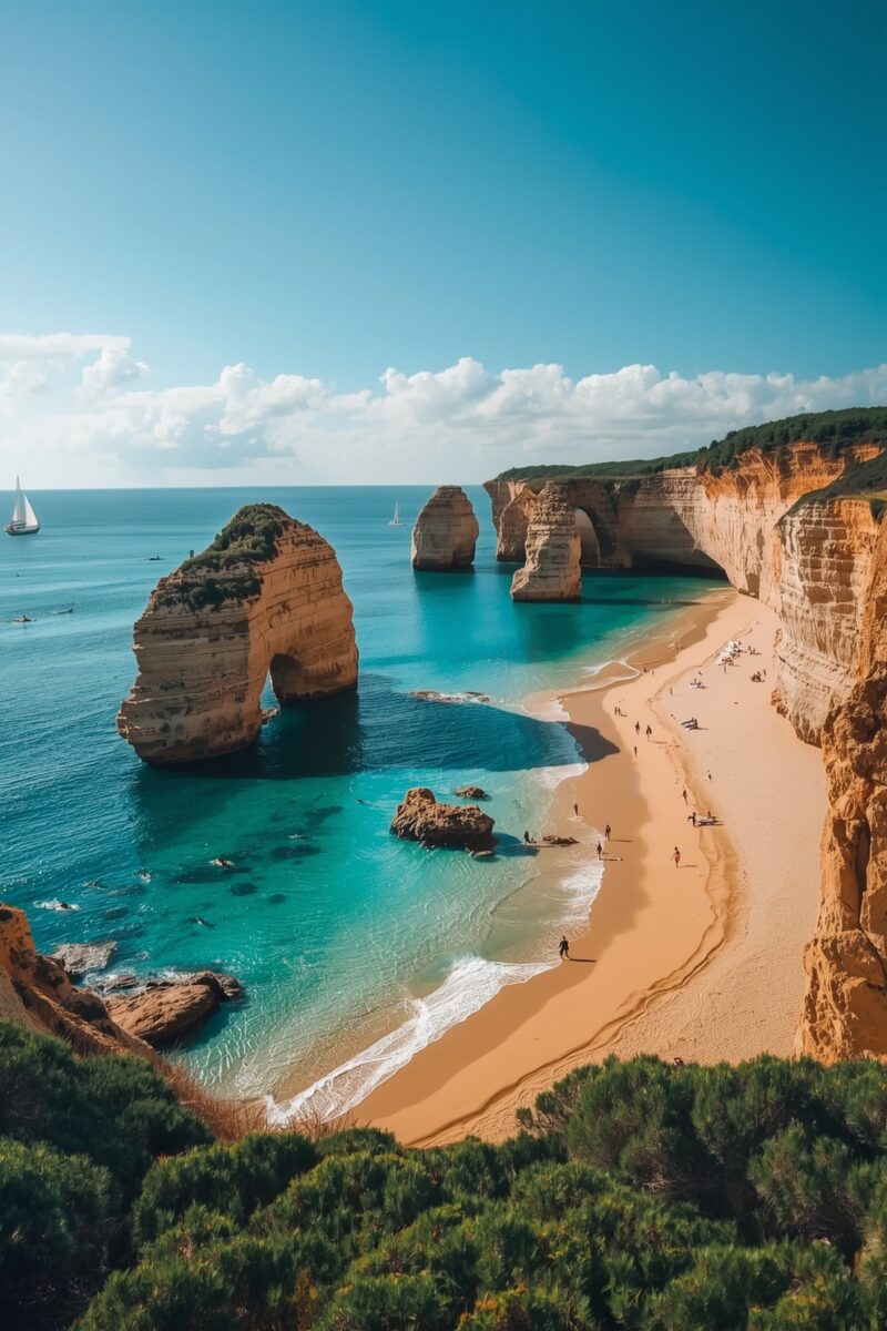 Aerial view of Algarve coastline with golden limestone cliffs, turquoise sea, sandy beach, and rock arches in Portugal