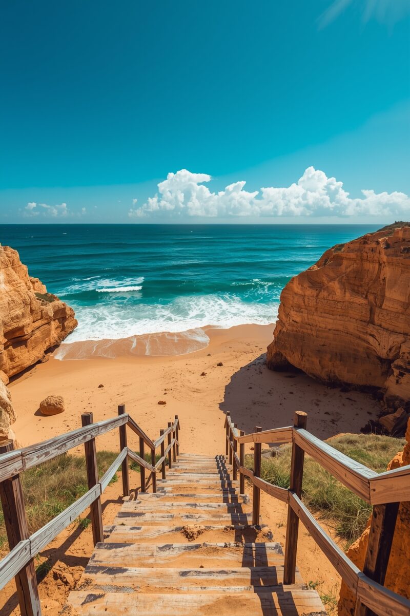 Wooden staircase descending to a secluded sandy beach flanked by golden sandstone cliffs and turquoise ocean