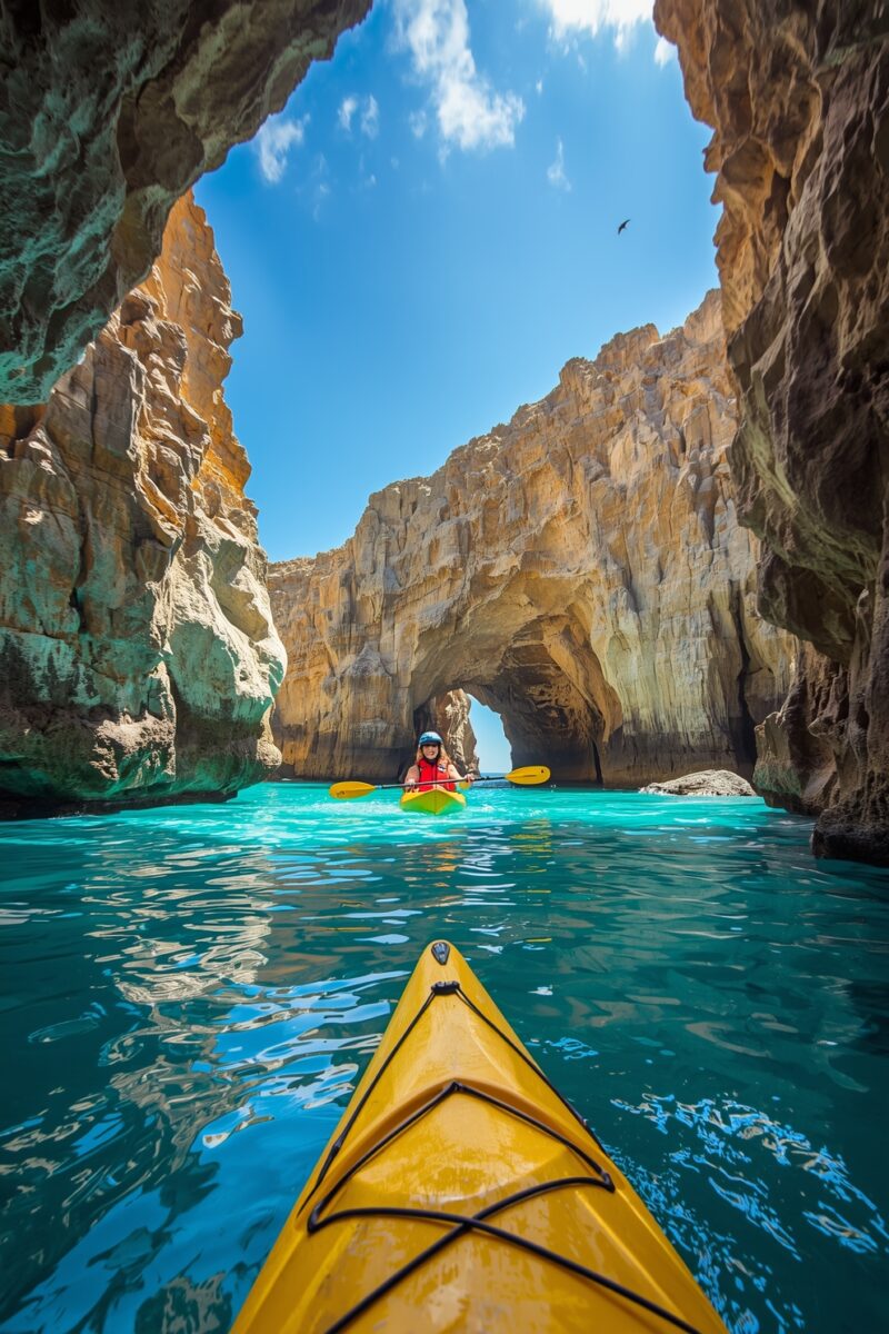 Two kayakers paddling yellow kayaks through turquoise waters inside a dramatic sea cave with rock arches