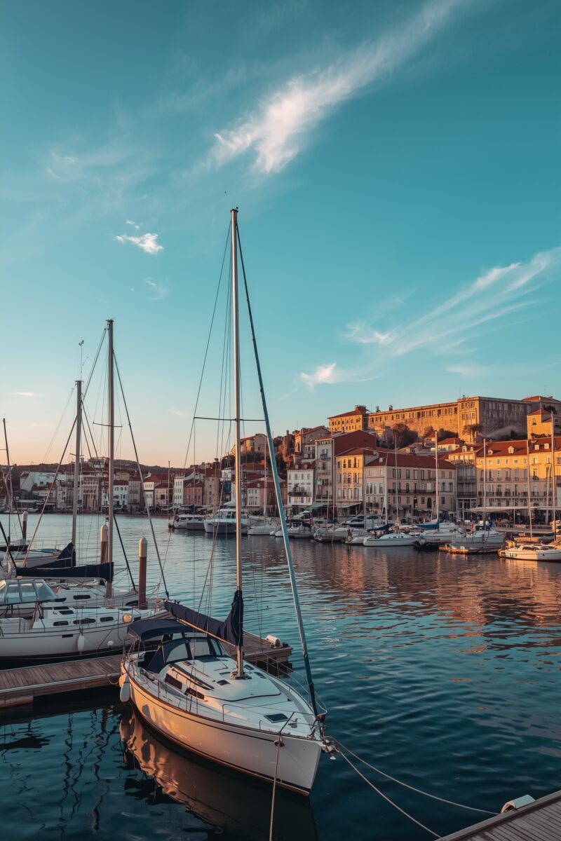 Sailboats moored in a marina with colorful European waterfront buildings glowing in golden hour light