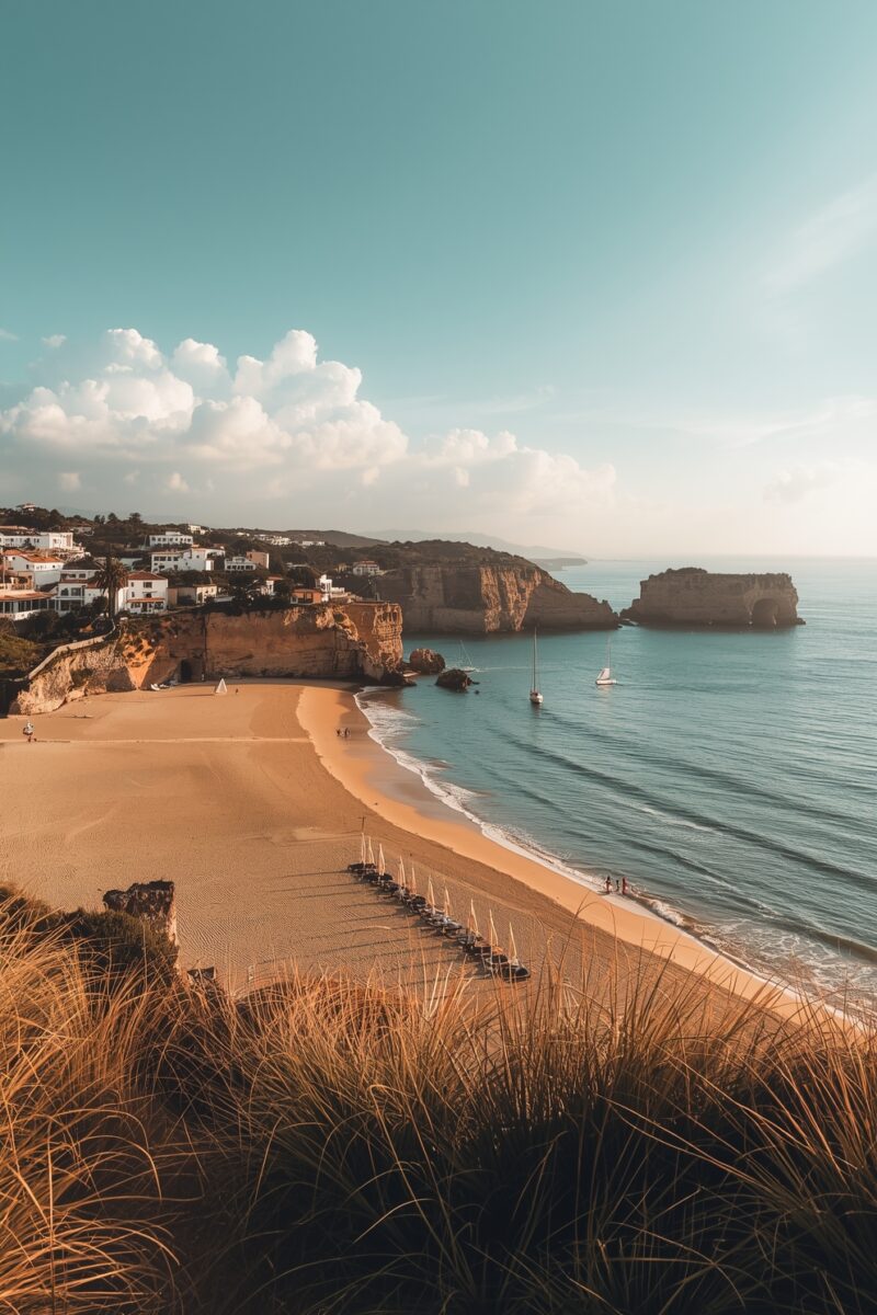 Aerial view of a sandy cove beach with golden cliffs, sailboats, and a whitewashed coastal village in the Algarve, Portugal