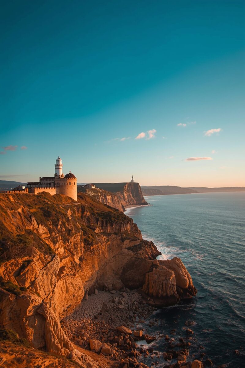 Historic lighthouse and castle complex perched on dramatic golden cliffs above a blue ocean at sunset