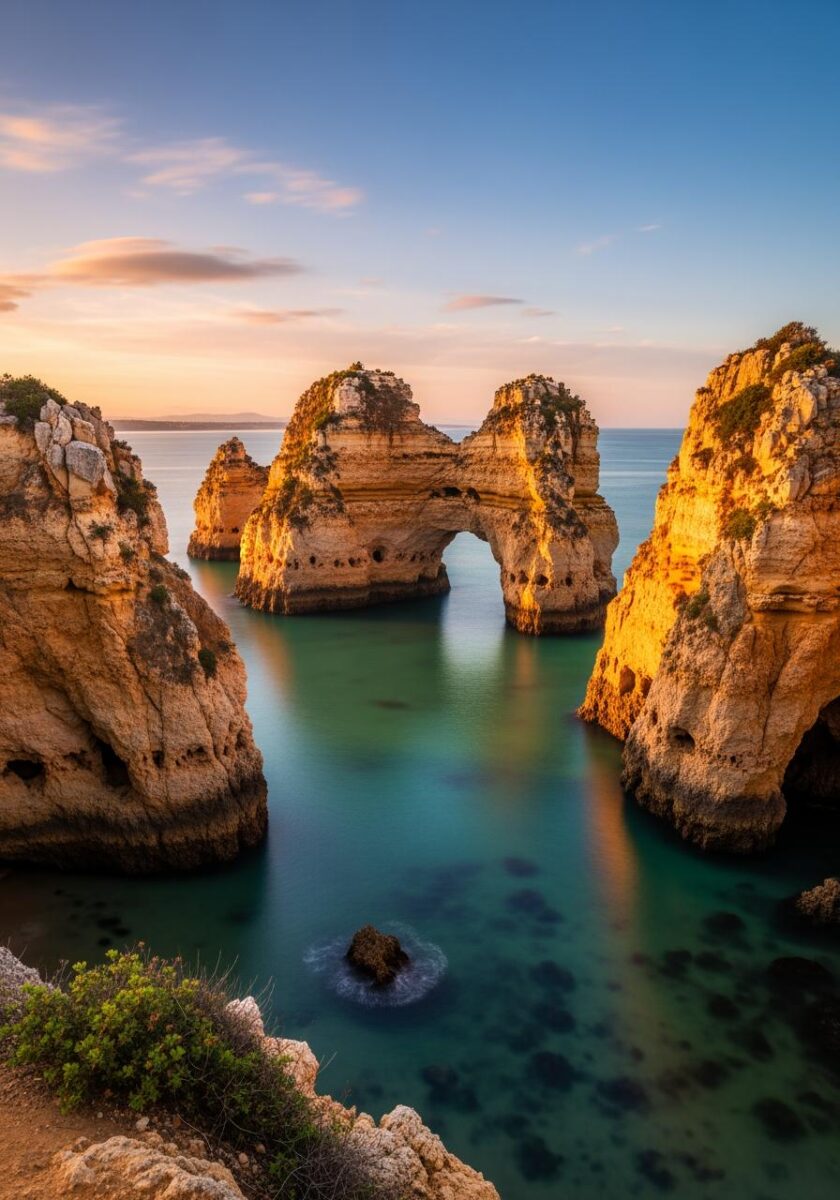Golden limestone sea stacks and natural arch at Ponta da Piedade, Lagos, Algarve, Portugal at sunset