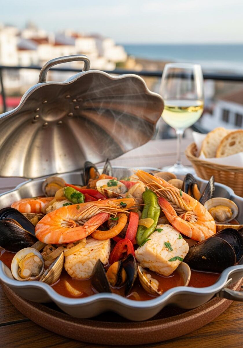 Portuguese cataplana seafood dish with shrimp, mussels, clams, and fish in tomato broth, served with white wine
