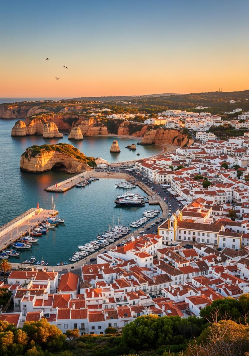 Aerial sunset view of Algarve coastal town with white buildings, red rooftops, marina with boats, and golden limestone cliffs