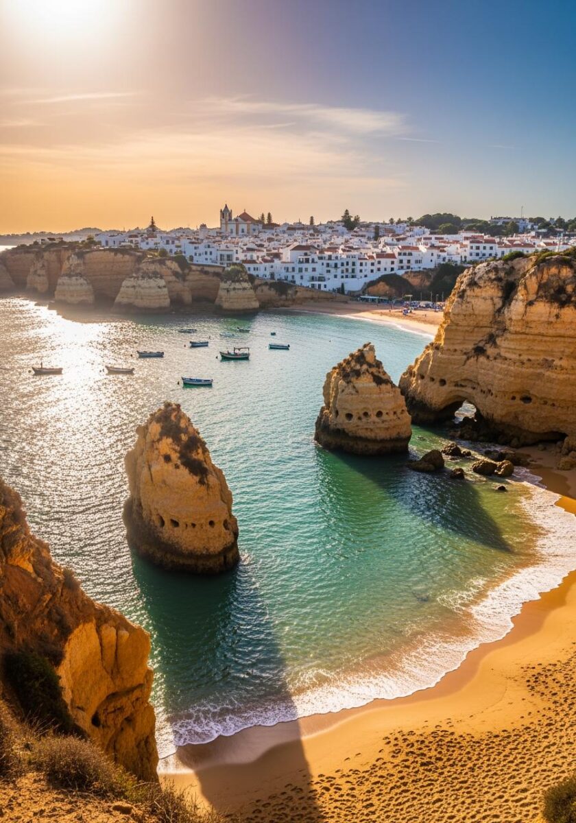Aerial view of Carvoeiro beach, Algarve Portugal, with golden limestone cliffs, turquoise water, sea stacks, and white-washed town