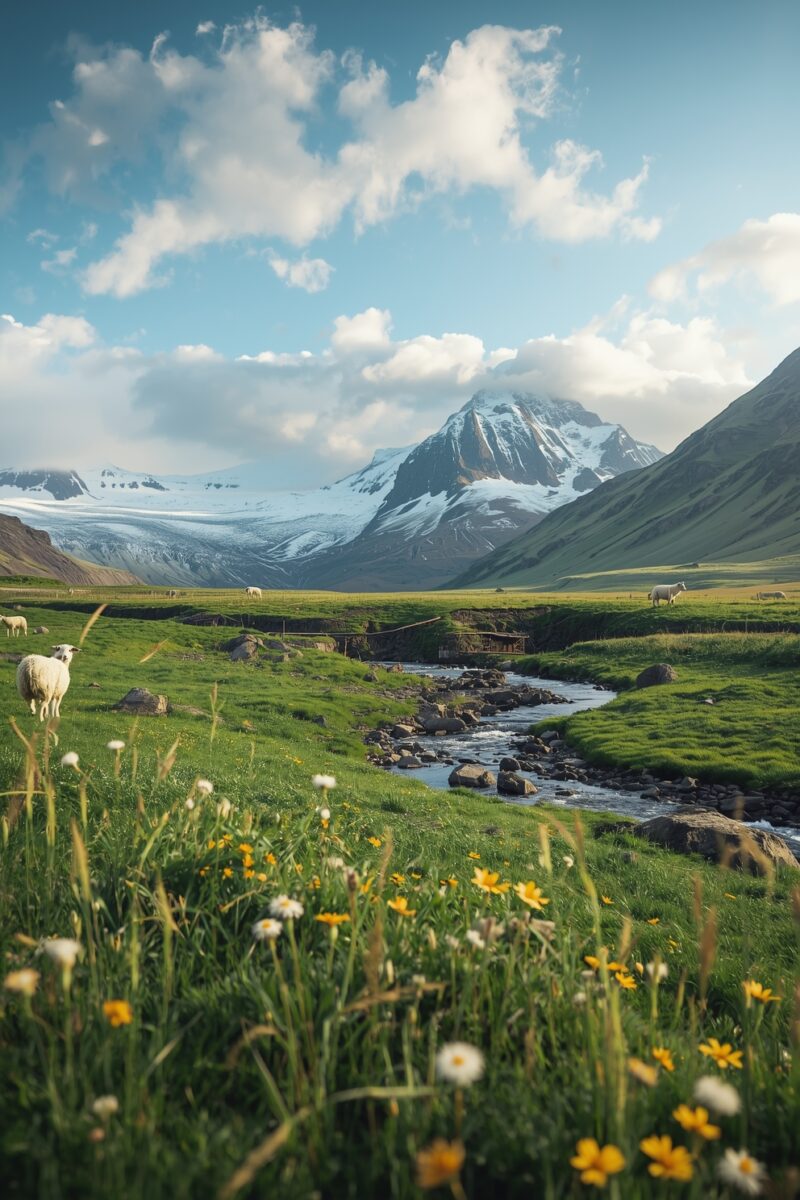 Sheep grazing in a green Icelandic valley with wildflowers, a rocky stream, and snow-capped mountains in the background