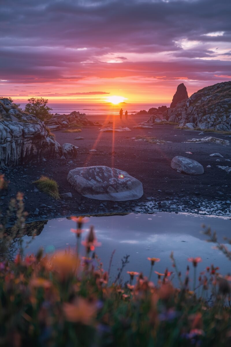 Two silhouetted figures standing on a rocky black sand beach at sunset with vibrant pink and orange sky