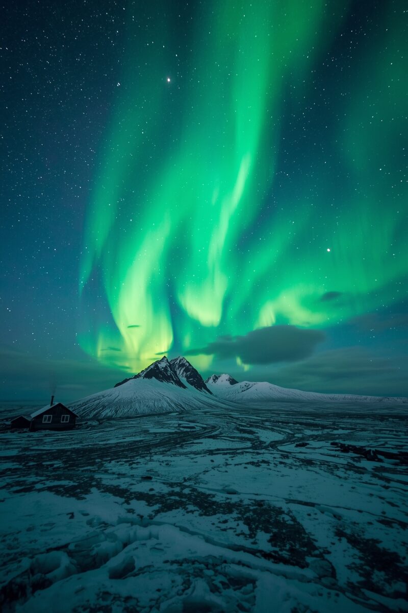 Vivid green aurora borealis swirling over snow-covered Arctic mountains with a lone cabin in the foreground